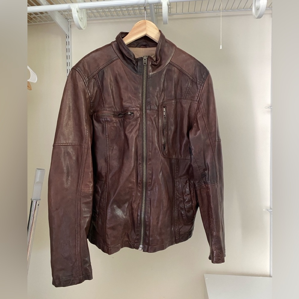 Cole Haan Mens Genuine Leather Moto Jacket - Brown, size L